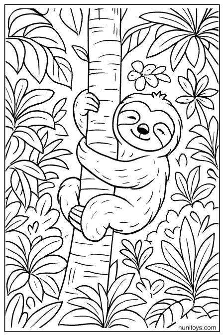 דף צביעה של עצלן מטפס ומחבק גזע עץ בג׳ונגל