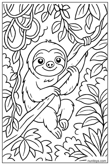 דף צביעה של עצלן מחזיק ענף ומביט קדימה בין עלים