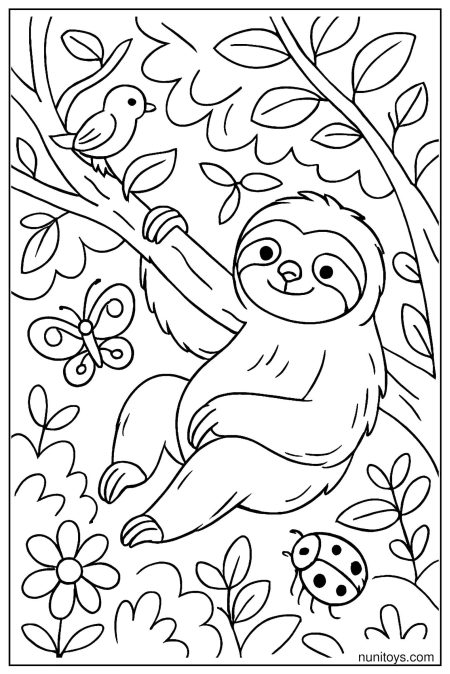 דף צביעה של עצלן אוחז בענף עם ציפור ופרפר סביבו