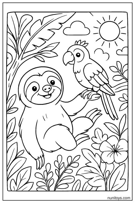 Sloth Interacting with Parrot in a Colorful Tropical Scene Coloring Page