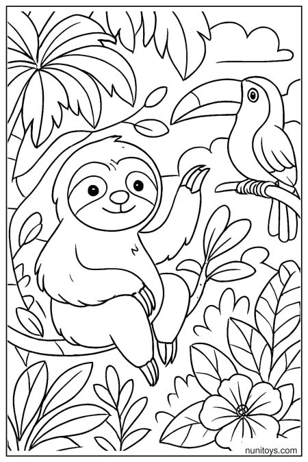 דף צביעה של עצלן מרים יד לציפור טוקן על ענף