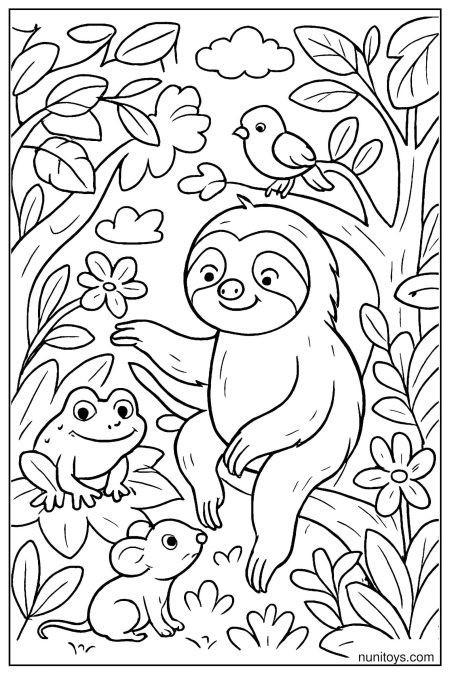 דף צביעה של עצלן יושב עם צפרדע ועכבר בין פרחים ביער