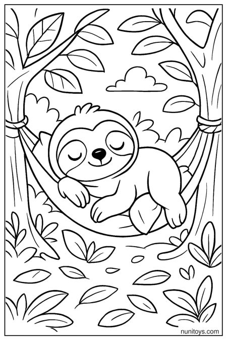 דף צביעה של עצלן ישן בערסל בין עצים ביער