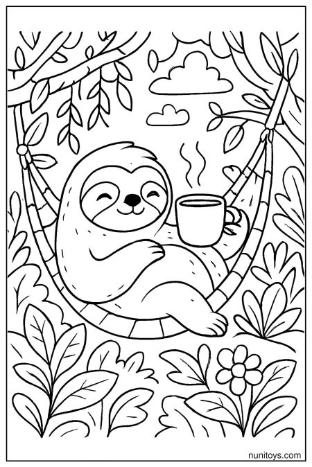 דף צביעה של עצלן נרגע בערסל עם כוס שתייה חמה