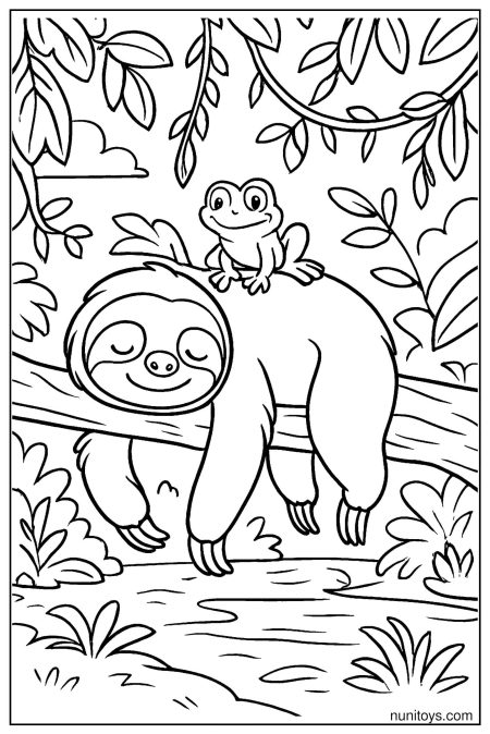 דף צביעה של עצלן ישן על ענף עם צפרדע על גבו