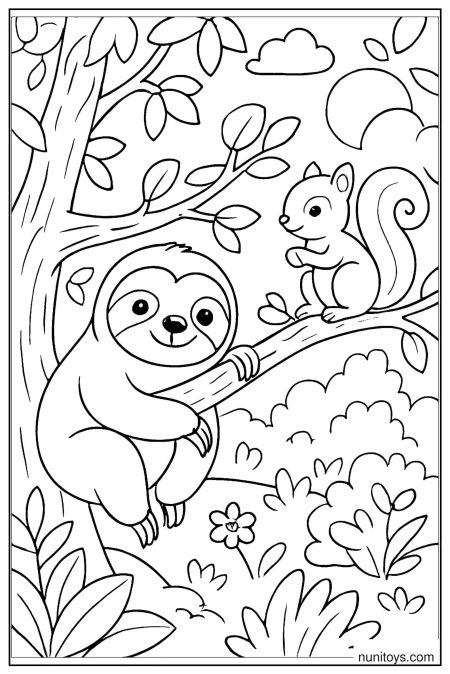דף צביעה של עצלן וקיפודון יושבים על ענפים ביער