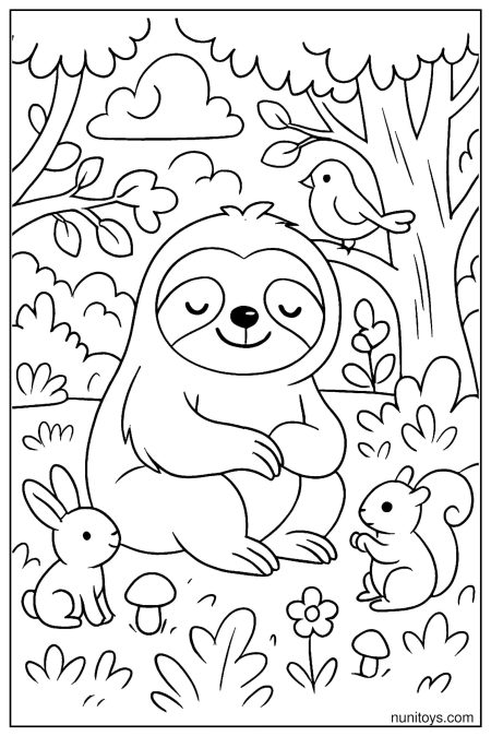 דף צביעה של עצלן יושב עם ארנב וסנאי ביער