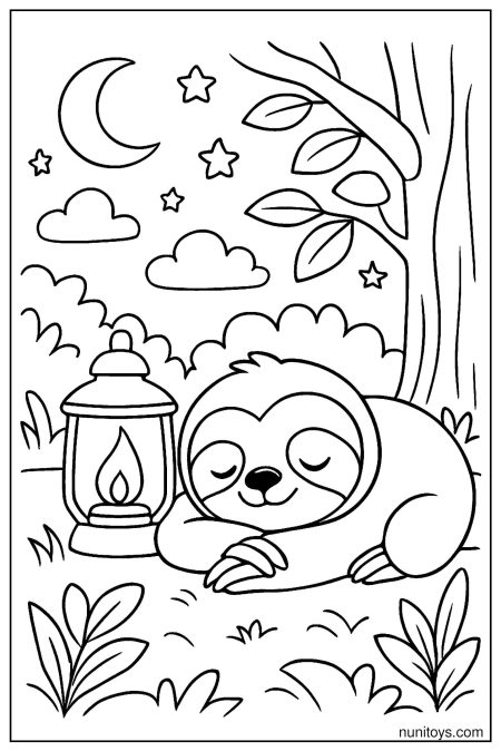 דף צביעה של עצלן ישן ליד פנס בלילה תחת ירח