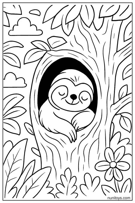 דף צביעה של עצלן ישן בתוך גזע עץ חלול