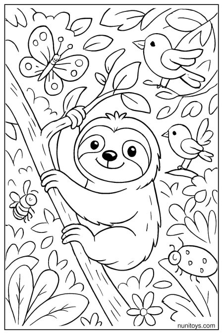 דף צביעה של עצלן מטפס על עץ מוקף ציפורים וחרקים