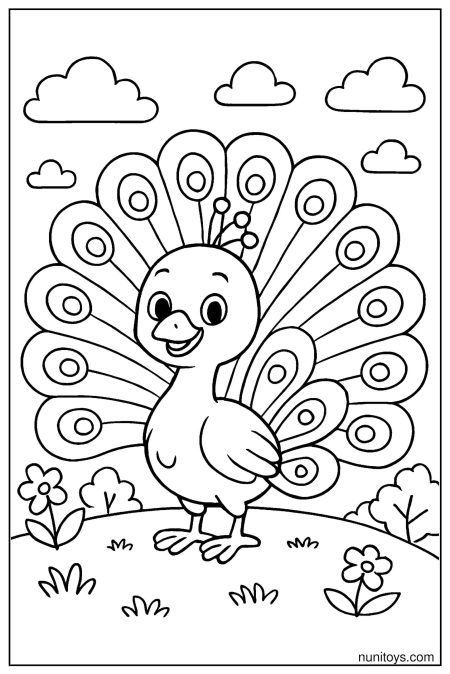 דף צביעה טווס קטן עם זנב פתוח רחב בשדה