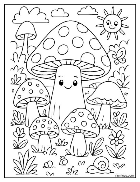 Sunny Mushroom Family Garden Coloring Sheet